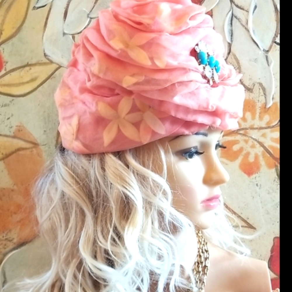 60s DIOR Christian Pink Cupcake Net Wrap Flowers Quirky Brooch Hat Chapeaux